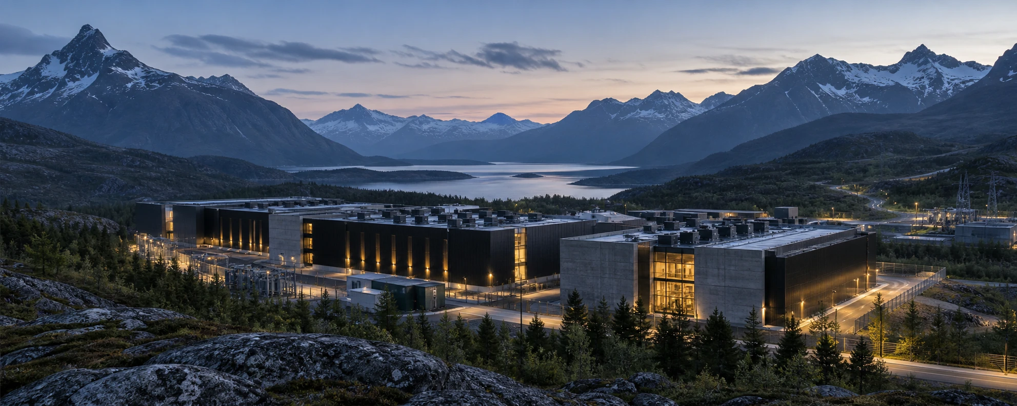 An illustrative data center campus in a mountain valley at dusk, with illuminated buildings beneath a blue-grey sky.