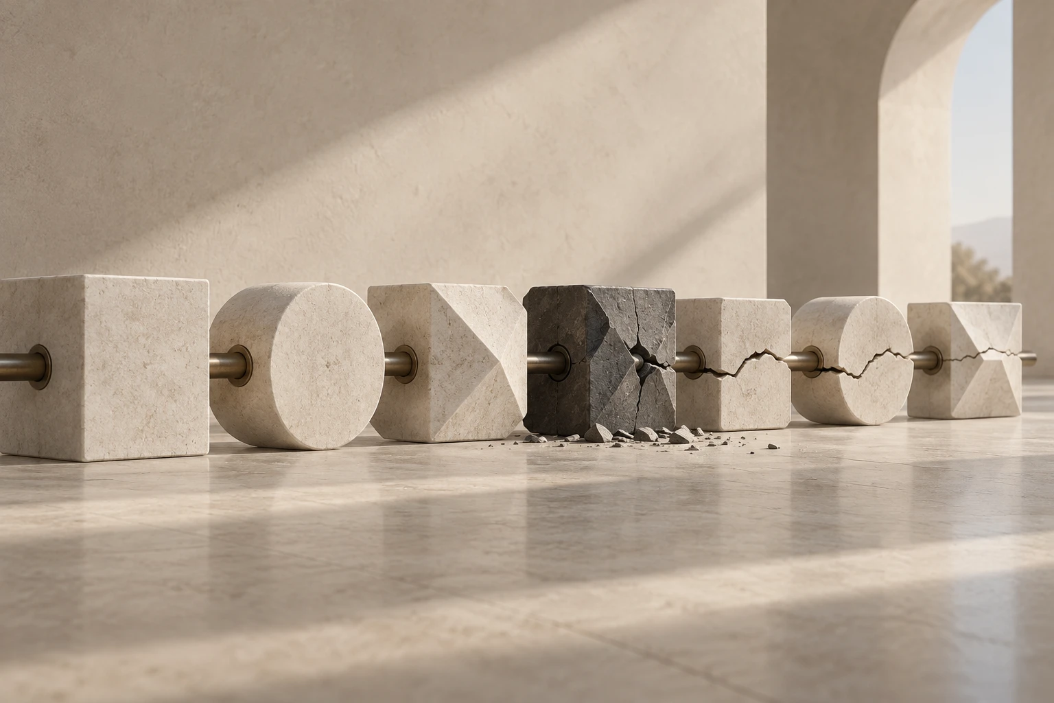 A fractured stone module in a connected chain