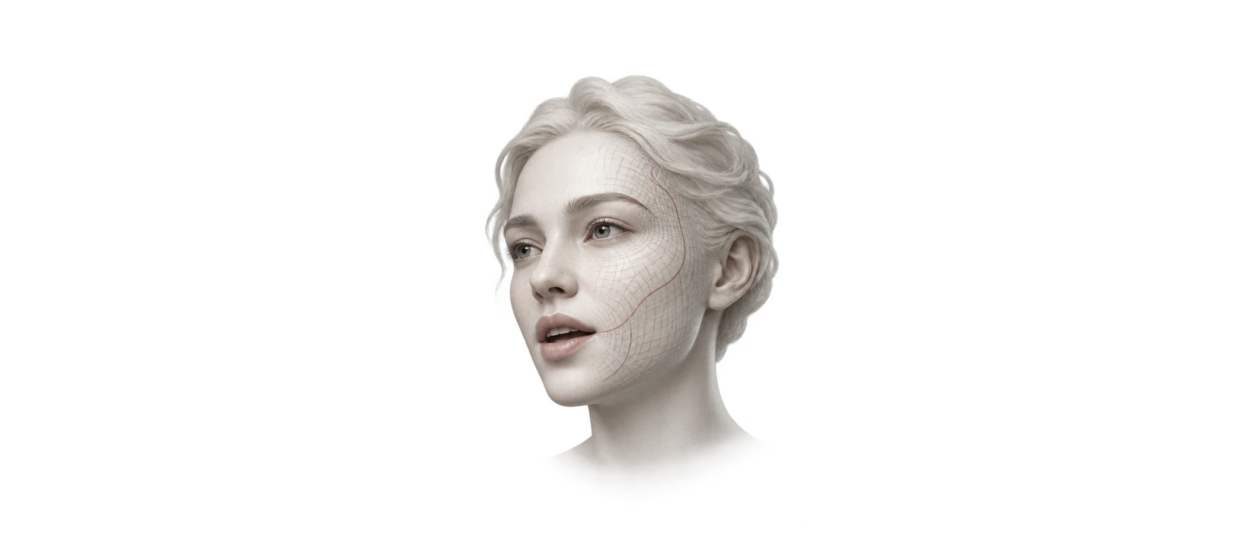 An ivory digital portrait with subtle facial mesh lines and oxblood motion curves